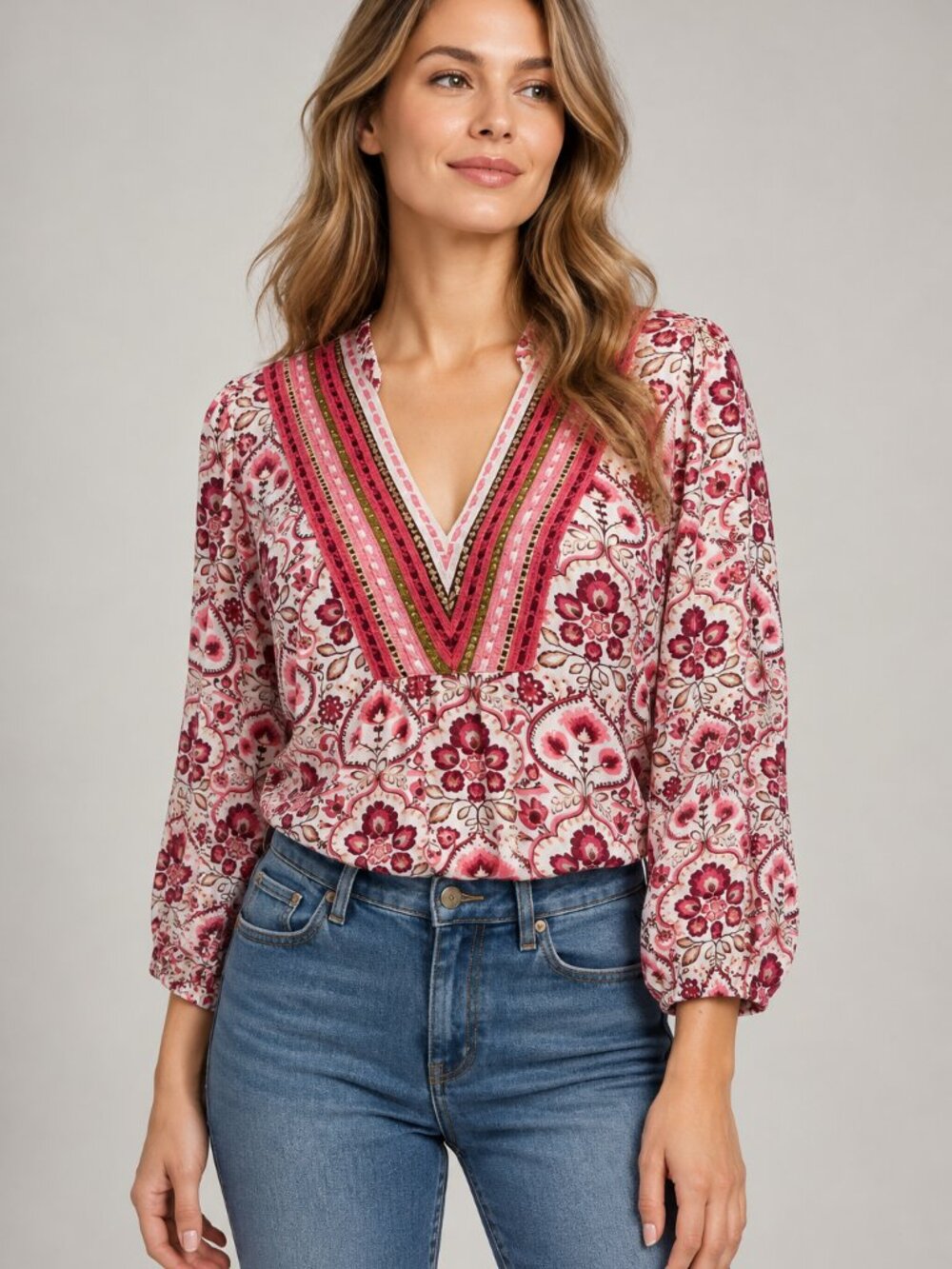 Matilda Jane XS White Pink Floral Paisley Embroidered V Neck Tunic Blouse